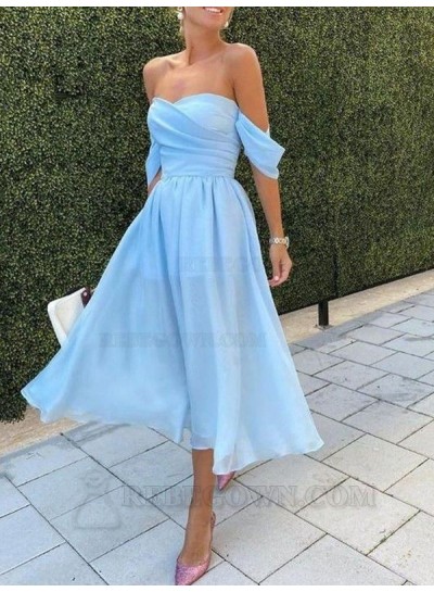 2024 A-line Off the Shoulder Chiffon Blue Tea-Length Homecoming Dresses With Ruched
