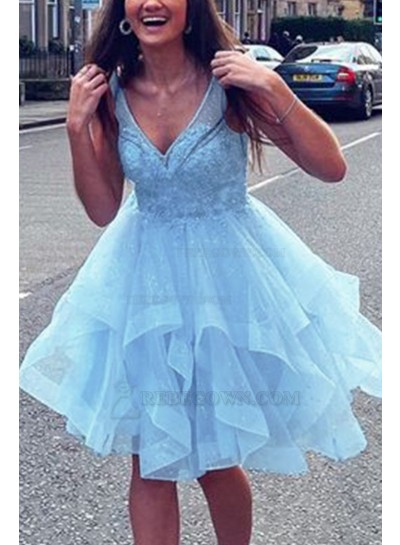 2024 Ball Gown V-neck Organza Sleeveless Short/Mini Blue Homecoming Dresses With Appliques