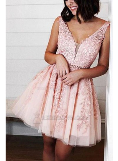 2024 A-line Tulle V-neck Sleeveless Short/Mini Homecoming Dresses With Appliques
