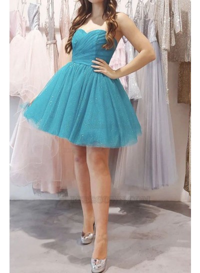 2024 Ball Gown Sweetheart Sleeveless Tulle Blue Short Homecoming Dresses With Ruched