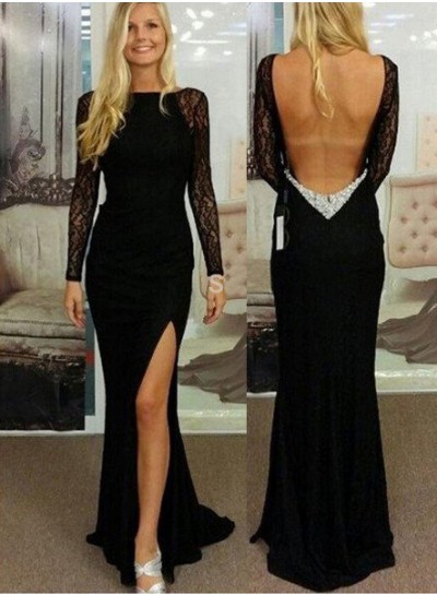 2022 Junoesque Black Sexy Split Front Backless Long Floor length Lace Prom Dresses