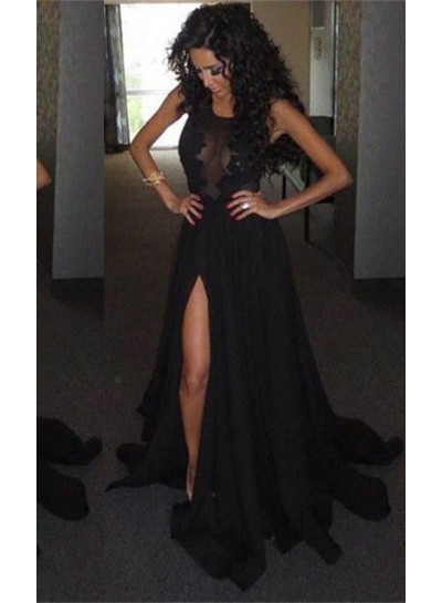 2024 Junoesque Black Illusion High-Slit A-Line Satin Prom Dresses