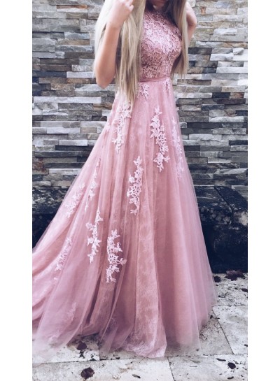 New Arrival Tulle Dusty Rose Prom Dresses With Appliques