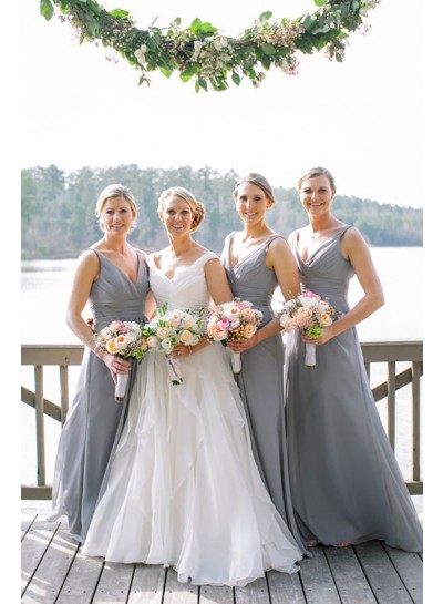 2024 A Line Chiffon Silver Long V Neck Bridesmaid Dresses / Gowns