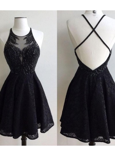 A-Line Jewel Backless Short Black Lace Homecoming Dress 2022 with Beading