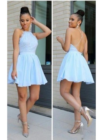 A-Line Jewel Sleeveless Backless Light Blue Lace Short Homecoming Dress 