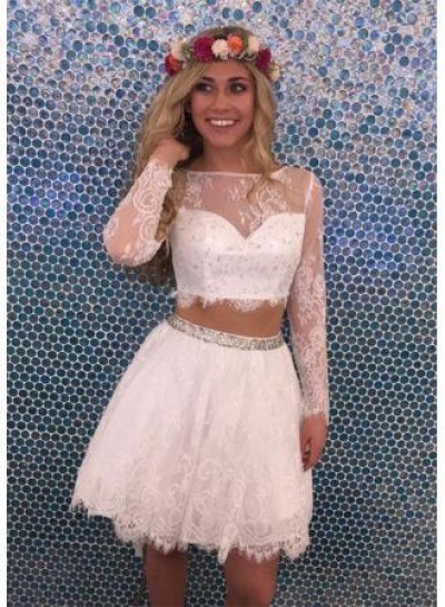 Two Piece Bateau Long Sleeves White Tulle Homecoming Dress 2022 with Lace Beading