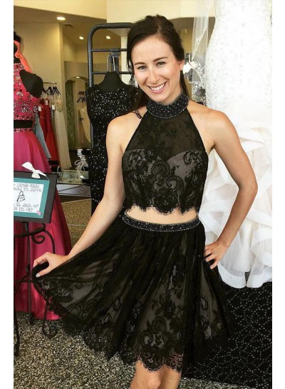 Two Piece High Neck Beading Lace Black Homecoming Dress 2022