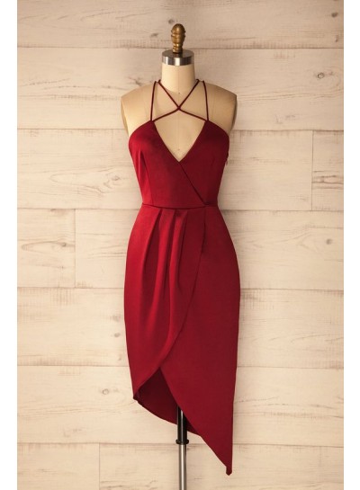 Sheath Halter Asymmetrical Dark Red Satin Homecoming Dress