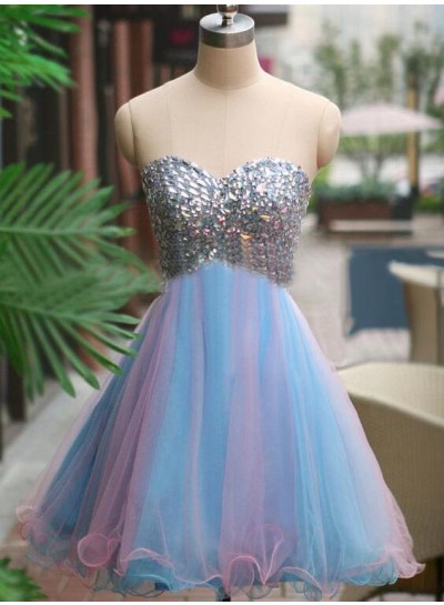 A-Line Sweetheart Multi Color Tulle Short Homecoming Dress 2022 with Beading