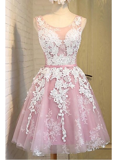 A-Line Scoop Lace-Up Pink Tulle Short Homecoming Dress 2022 with Lace