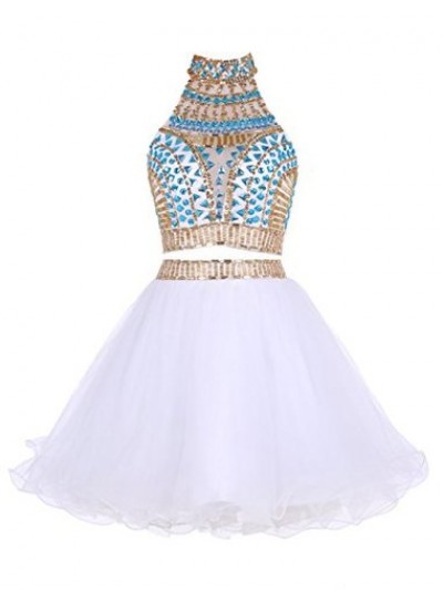 Two Piece High Neck White Tulle Short Homecoming Dress 2022 with Beading Rhinestone