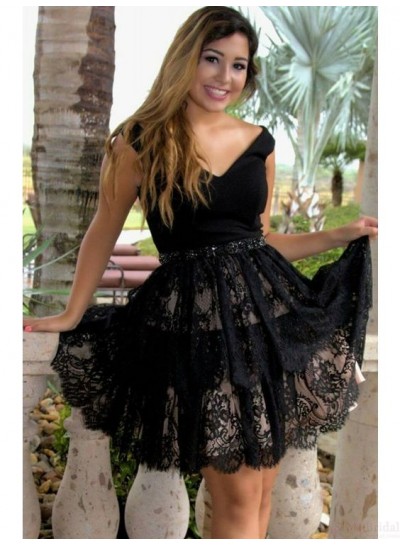 A-Line V-Neck Short Black Lace Homecoming Dress 2022 with Beading Waist