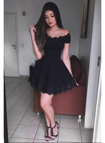 A-Line Off-the-Shoulder Short Sleeves Black Lace Homecoming Dress 2022 
