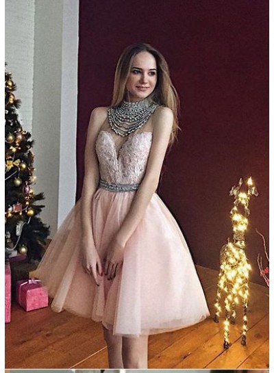 A-Line High Neck Knee-Length Light Pink Tulle Homecoming Dress 2022 with Beading