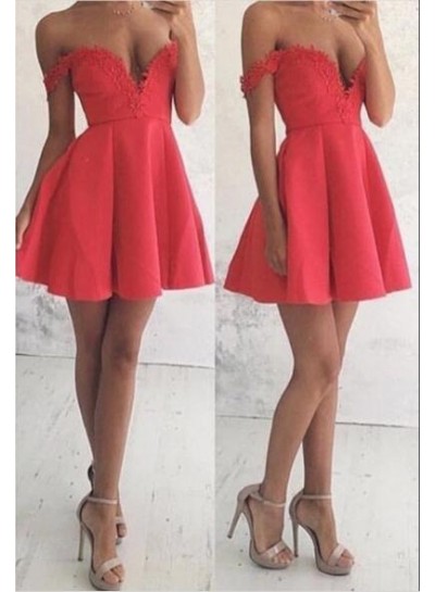 A-Line Off-the-Shoulder Short Satin Red Homecoming Dress 2022 with Appliques