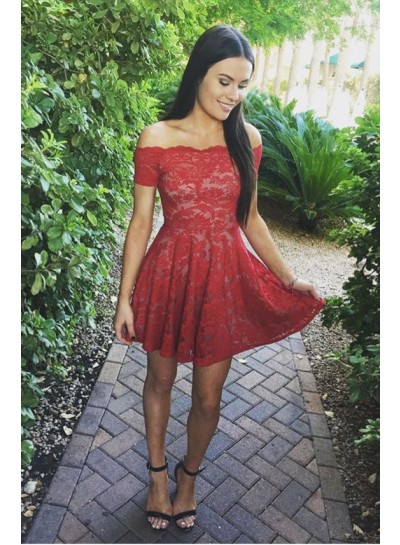 A-Line Off-the-Shoulder Short Sleeves Short Red Lace Homecoming Dress 2024