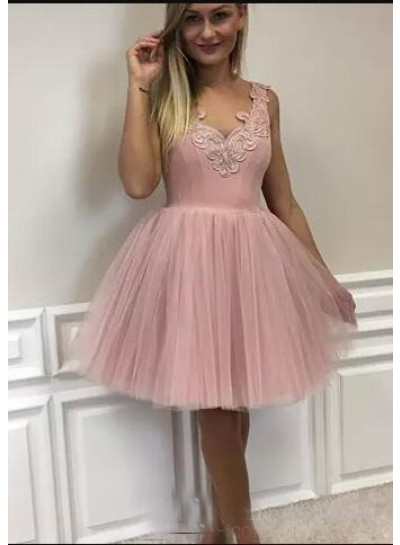 A-Line V-Neck Short Blush Tulle Homecoming Dress 2022 with Appliques