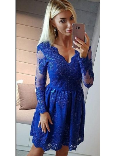 A-Line V-Neck Long Sleeves Royal Blue Homecoming Dress 2022 with Appliques