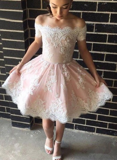 A-Line Off-the-Shoulder Appliques Short Pearl Pink Homecoming Dress 2022