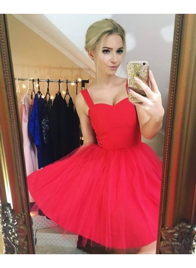 A-Line Straps Sleeveless Short Red Tulle Homecoming Dress 2022 