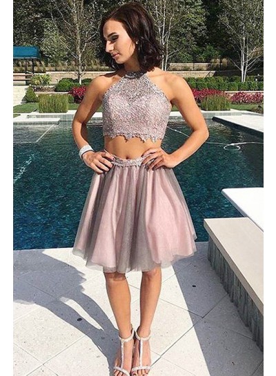 Two Piece Jewel Open Back Short Blush Tulle Homecoming/Prom Dresses