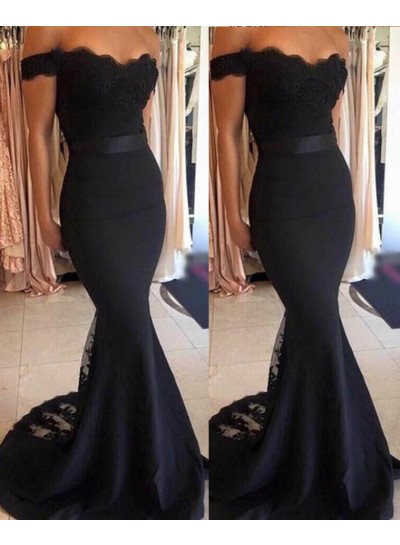 2025 Junoesque Black Lace Off-the-Shoulder Mermaid Satin Prom Dresses