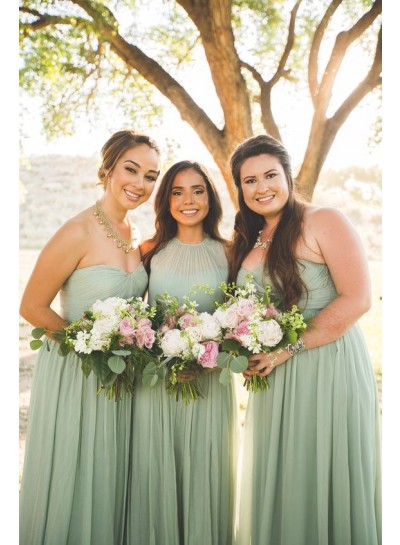 A Line Chiffon Mint Green Floor Length Bridesmaid Dresses