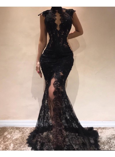 Charming Black High Neck Lace Mermaid  2022 Prom Dresses
