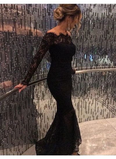 2022 Sexy Black Long Sleeves Lace Off The Shoulder Prom Dresses
