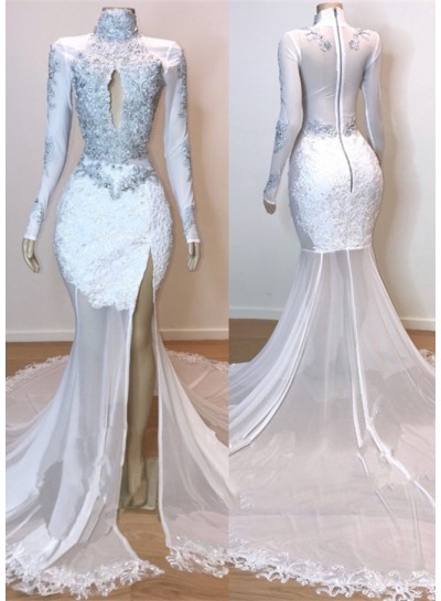 2022 White Long Sleeve High Neck Lace and Tulle Side Slit Mermaid  Prom Dresses
