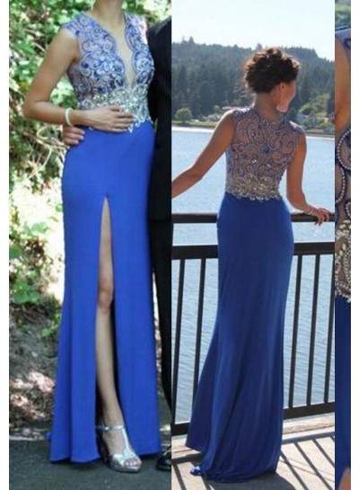 rebe gown 2022 Blue Beading High-Slit Chiffon Prom Dresses