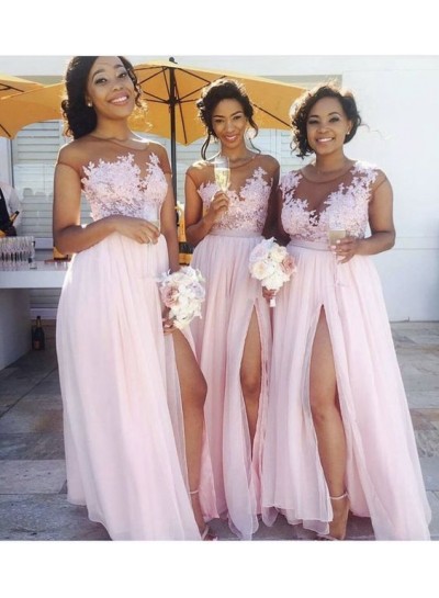2024 Chiffon A Line Pink Side Slit Long Bridesmaid Dresses With Appliques