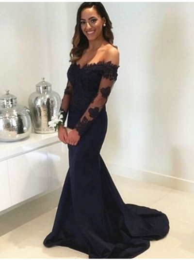2022 Sexy Back Long Sleeves Satin Mermaid Sweetheart Prom Dresses