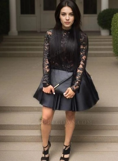 A-Line Bateau Long Sleeves Backless Black Short Homecoming Dress 2025 with Lace