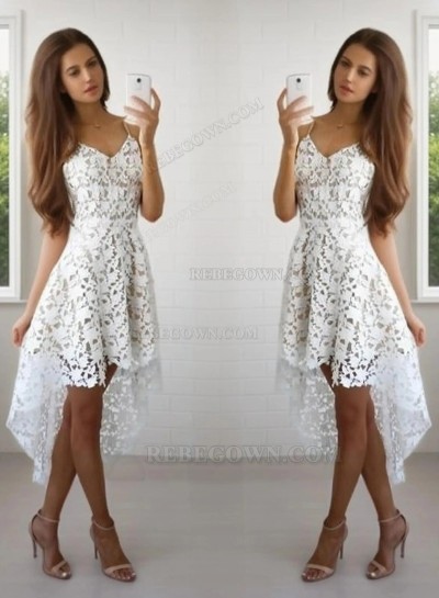2024 A-Line Spaghetti Straps V Neck Sleeveless Lace High Low Short/Mini Homecoming Dresses