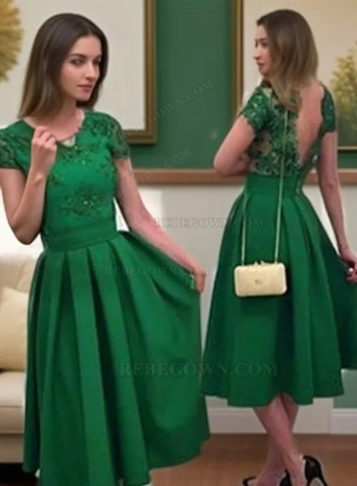 2025 A-Line Scoop Neck Short Sleeve V Back Lace Satin Tea-Length Homecoming Dresses