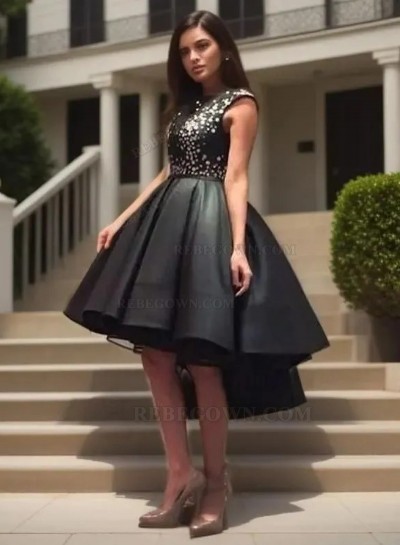 2025 Ball Gown Scoop Neck Cap Sleeve Beaded High Low Satin Tea-Length Homecoming Dresses