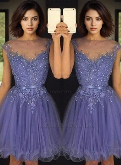 2025 A-Line Bateau Neck Sleeveless Applique Beading Sash/Ribbon/Belt Organza Short/Mini Homecoming Dresses