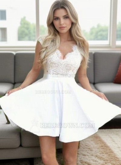 2025 A-Line V Neck Cap Sleeve Cut Out Back Lace Cut Short/Mini Homecoming Dresses