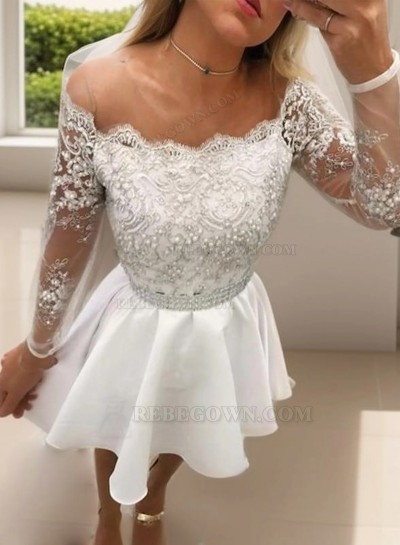 2025 A-Line Off-The-Shoulder Long Sleeve Applique Beading Cut Short/Mini Homecoming Dresses