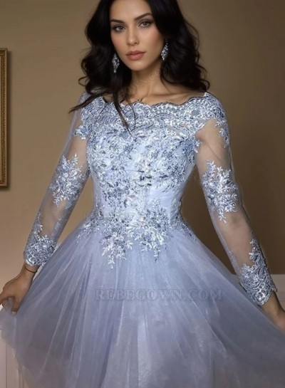 2025 A-Line Bateau Neck Long Sleeve Applique Tulle Cut Short/Mini Homecoming Dresses