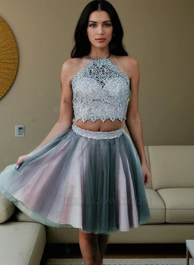 2025 Ball Gown Two Piece Halter Sleeveless Applique Tulle Knee-Length Homecoming Dresses