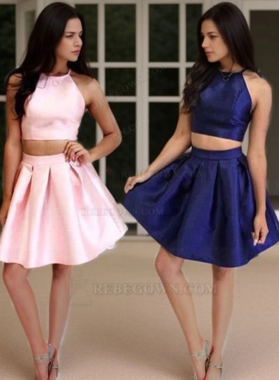 Two Piece Halter Sleeveless Satin Pleated Cut Short/Mini Homecoming Dresses