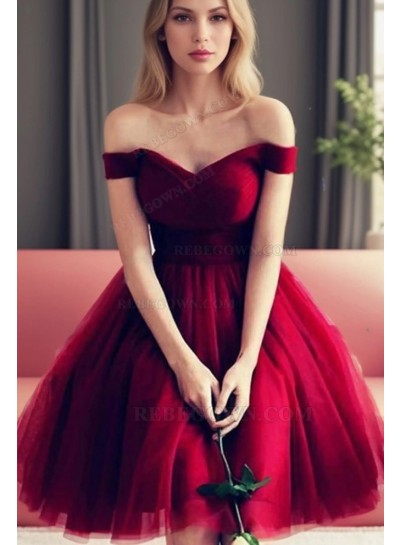Knee-Length Tulle Off-The-Shoulder Sweetheart Burgundy Homecoming Dresses