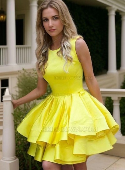 Satin Ball Gown Layers Scoop Neck Sleeveless Cut Short Mini Homecoming Dresses