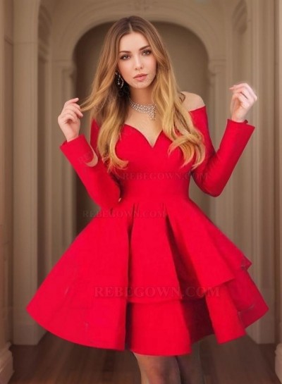 Long Sleeve Sweetheart Off-The-Shoulder Layers Cut Short Mini Homecoming Dresses