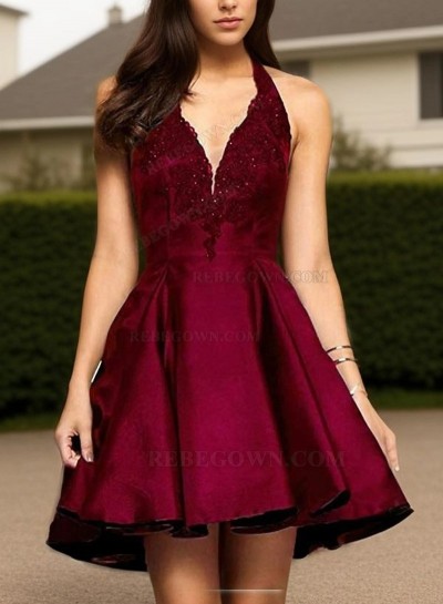 Halter V Neck Sleeveless High Low Pleated Applique Beading Short Homecoming Dresses