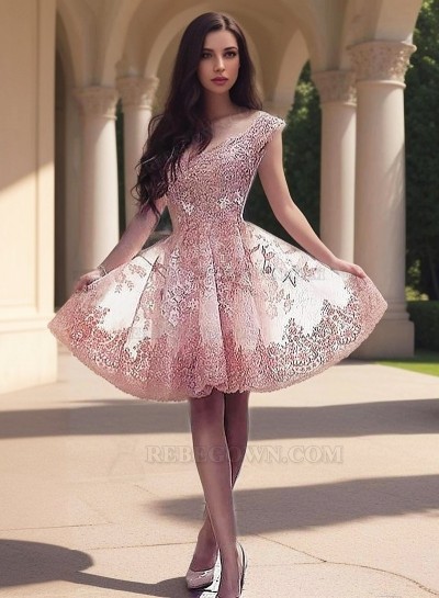 Lace A-Line Applique Off-The-Shoulder Short Mini Homecoming Dresses