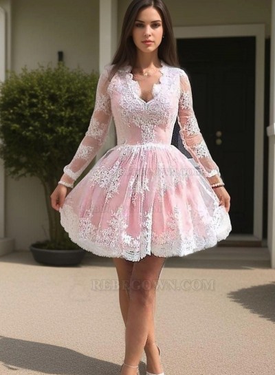 Ball Gown V Neck Long Sleeve Applique Cut Short Mini Homecoming Dresses
